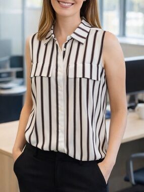 Worthington Sleeveless Button-Down Shirt Pockets Striped Black & White Large